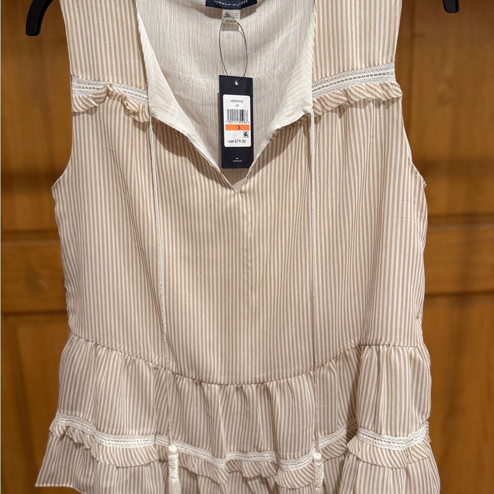 Tommy Hilfiger Sleeveless Striped Ruffle Tunic in Beige and White